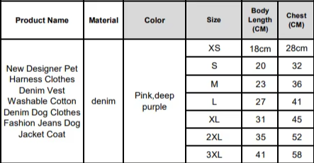 Tallas ropa Denim para perros - Peluquería canina y felina Spaperros Roda de Berà